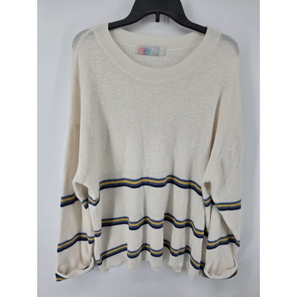 Free People Beach Womens Lg Cream Striped Oversized Pullover Sweater OB1119565